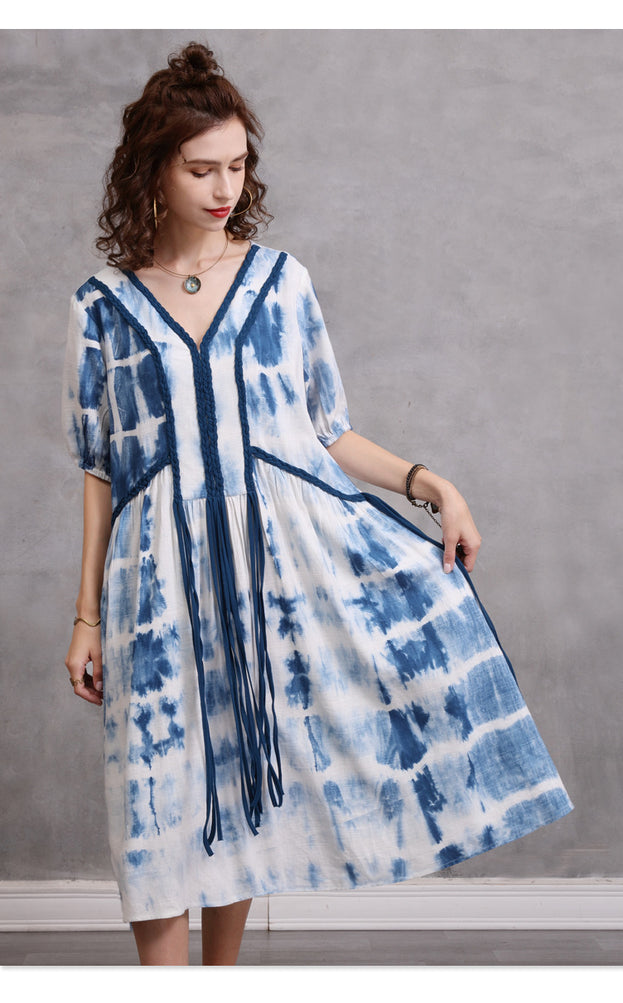 Loose Large Size Women's 2023 Summer New Braided Rope Tie-Dye MIDI Dress Elegant Cotton Hemp Dress