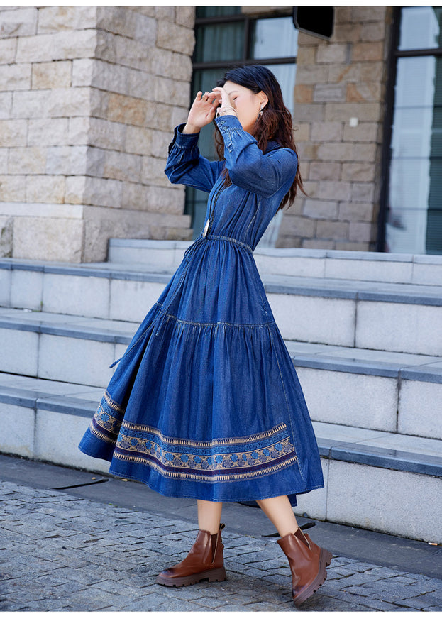 New Vintage Button Drawstring Waist Slimming Dress Heavy Industry Embroidery Denim Skirt