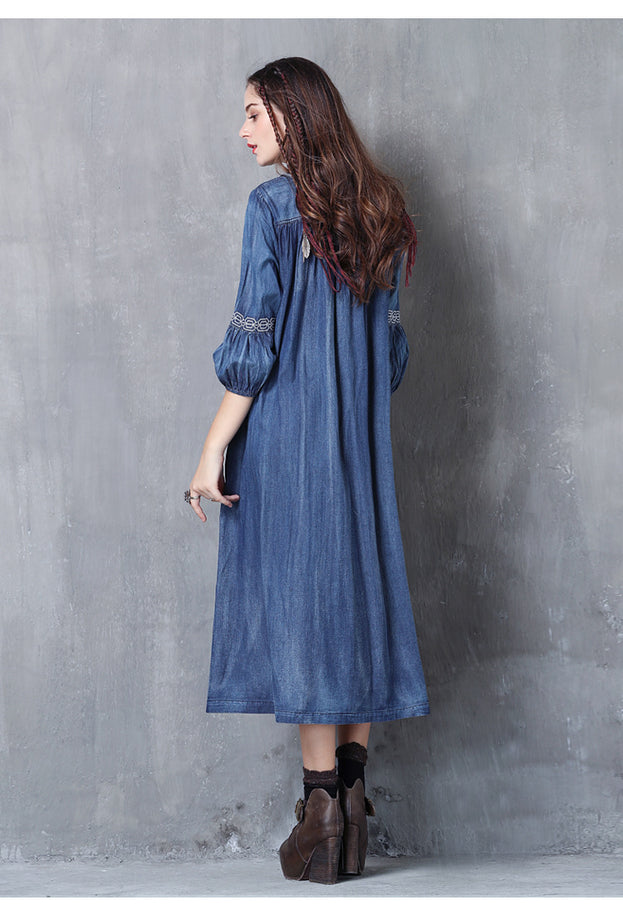 V-Neck Lace-Up Loose A-Line Large Size Temperament Denim Skirt 2023 Spring and Summer Embroidered Mid-Sleeve Vintage Dress