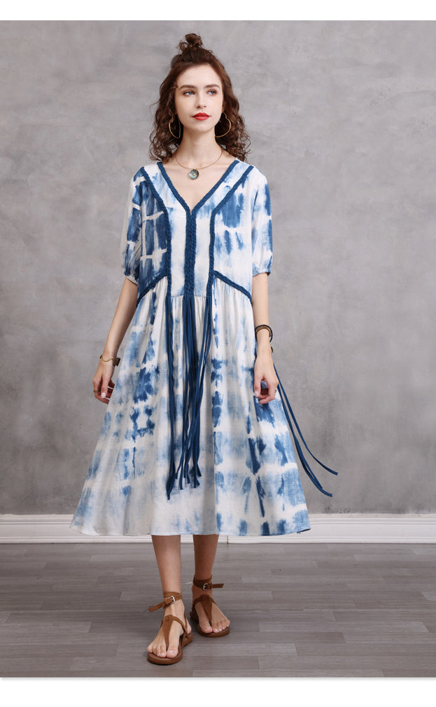 Loose Large Size Women's 2023 Summer New Braided Rope Tie-Dye MIDI Dress Elegant Cotton Hemp Dress