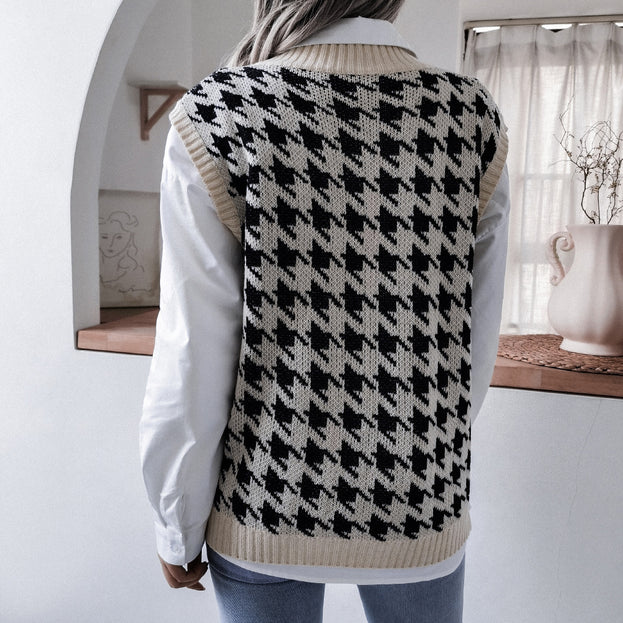 V-Neck Thousand Bird Plaid Casual Loose Knitted Vest Sweater Vest