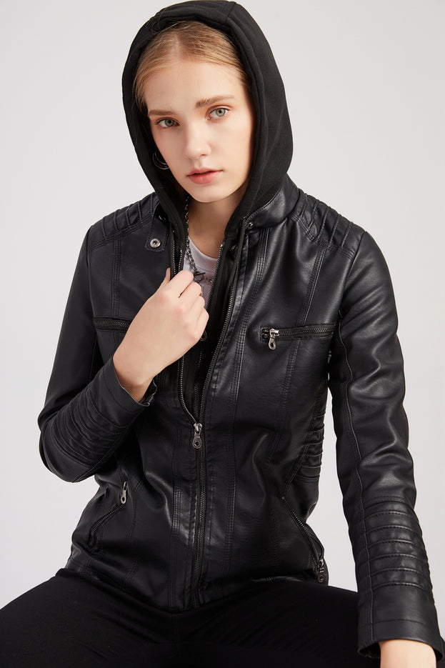 Leather Jacket Two-Piece Set Detachable Large Size Leather Coat Female Spring and Autumn Coat PU
