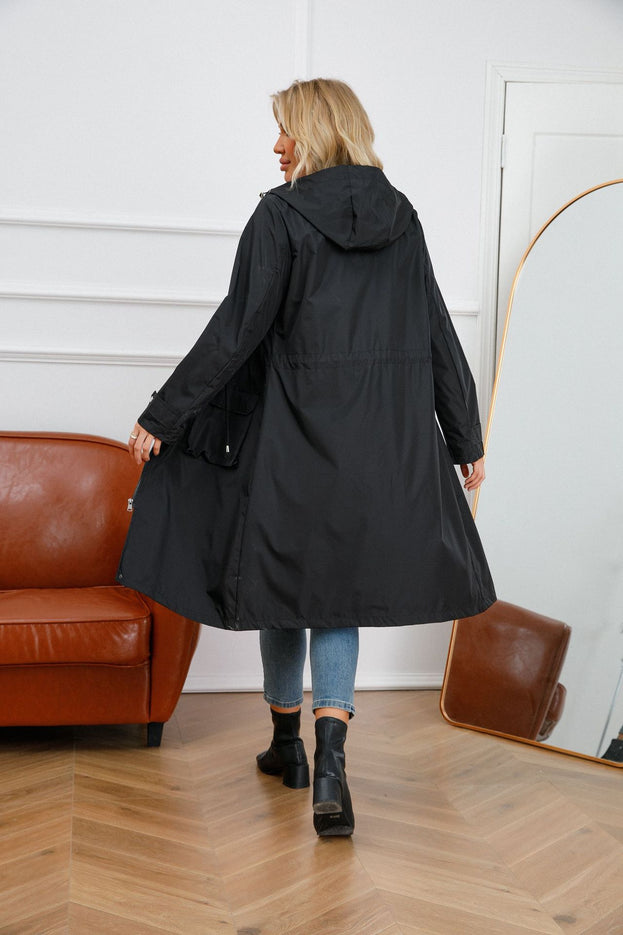 Long Casual Windbreaker Hooded Solid Color Top Striped Lining Straight Coat