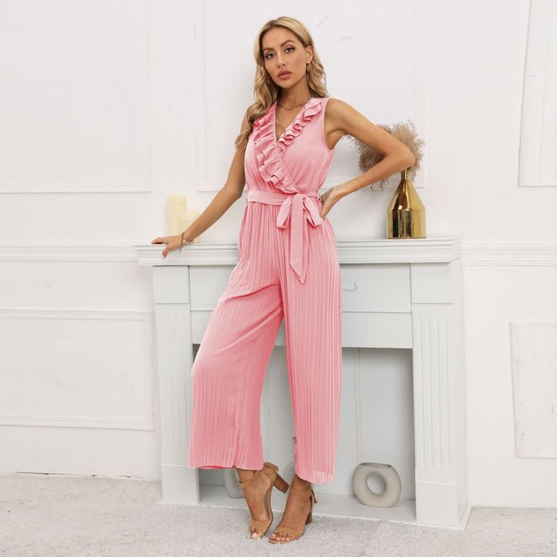 New Sleeveless V-Neck Pleated Pleated Jumpsuit with Lotus Leaf Lace