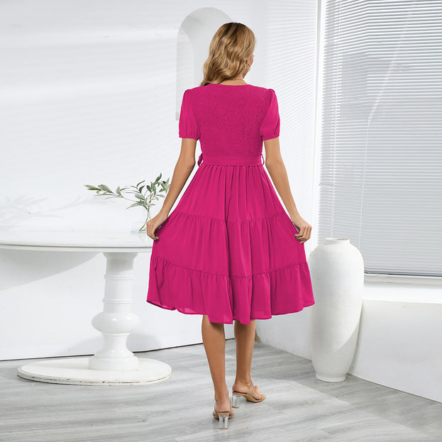 Summer Short Sleeved Slim Large Swing Splicing Cake Dress
