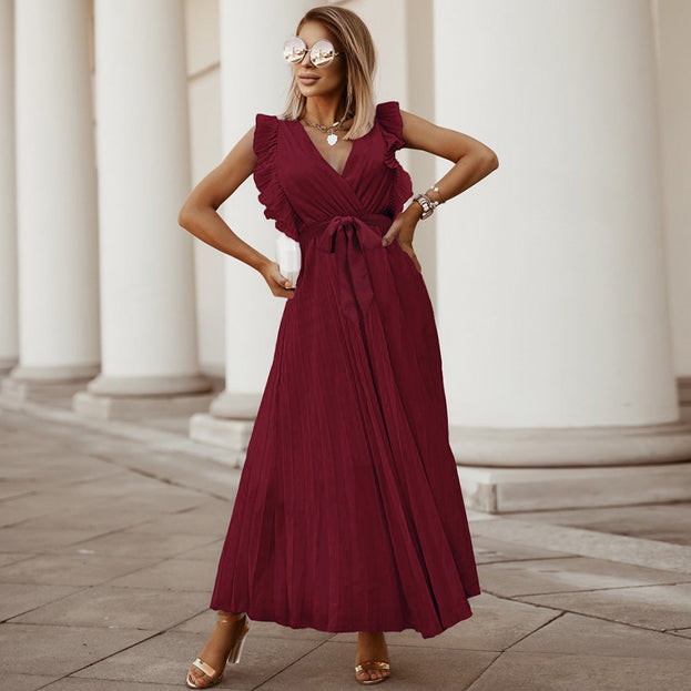 Fashion Slim Sexy Lotus Leaf Sleeve Chiffon Pleated Skirt Solid Color Dress