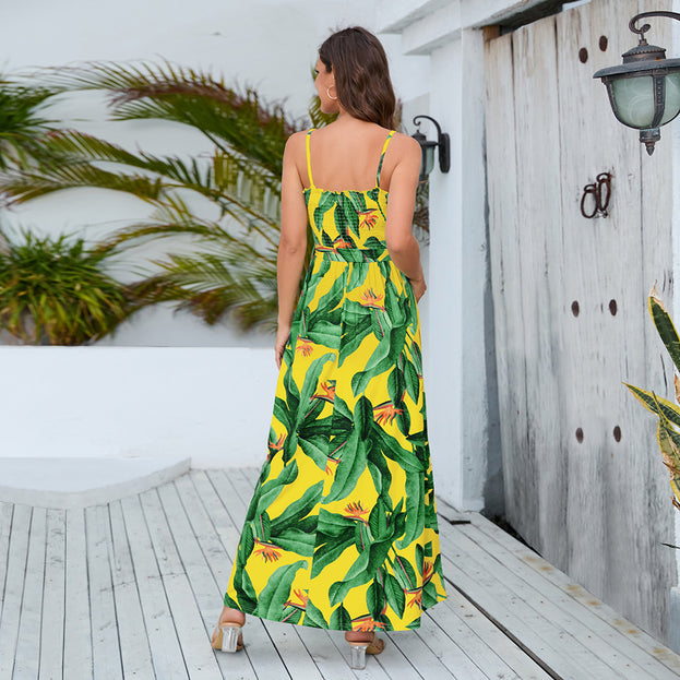 New High-Waisted Slit Dress Bohemian Backless Suspender Skirt