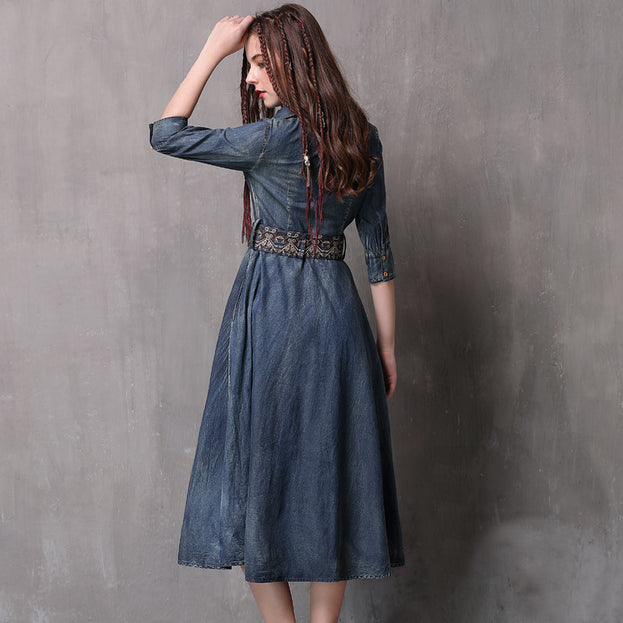 New Vintage Belt Embroidered Slimming Dress Irregular Draw Pleated Lapel Denim Skirt