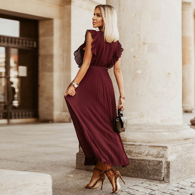 Fashion Slim Sexy Lotus Leaf Sleeve Chiffon Pleated Skirt Solid Color Dress