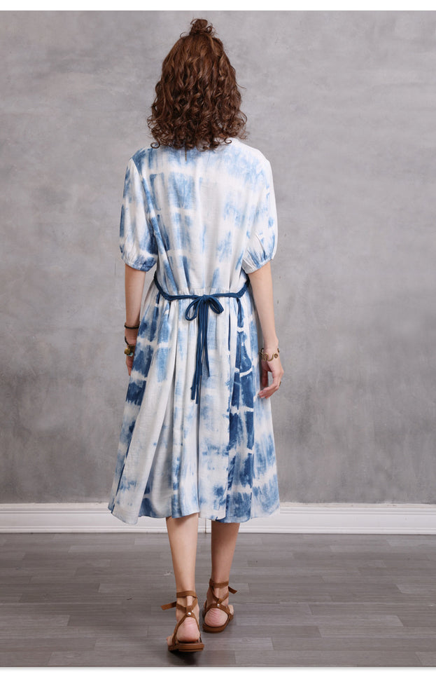 Loose Large Size Women's 2023 Summer New Braided Rope Tie-Dye MIDI Dress Elegant Cotton Hemp Dress