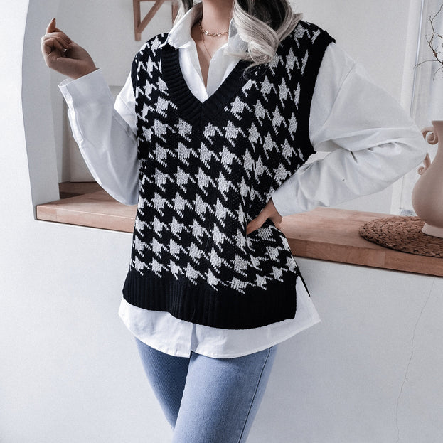 V-Neck Thousand Bird Plaid Casual Loose Knitted Vest Sweater Vest