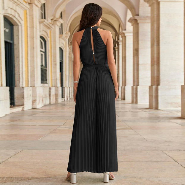 Sexy Hanging Neck Sleeveless Pleated One-Piece Pants