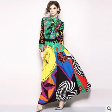 Contrasting Color Printed Temperament High-Waisted Dress