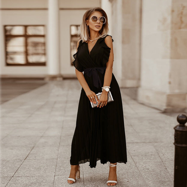 Fashion Slim Sexy Lotus Leaf Sleeve Chiffon Pleated Skirt Solid Color Dress