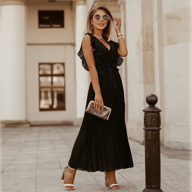 Fashion Slim Sexy Lotus Leaf Sleeve Chiffon Pleated Skirt Solid Color Dress