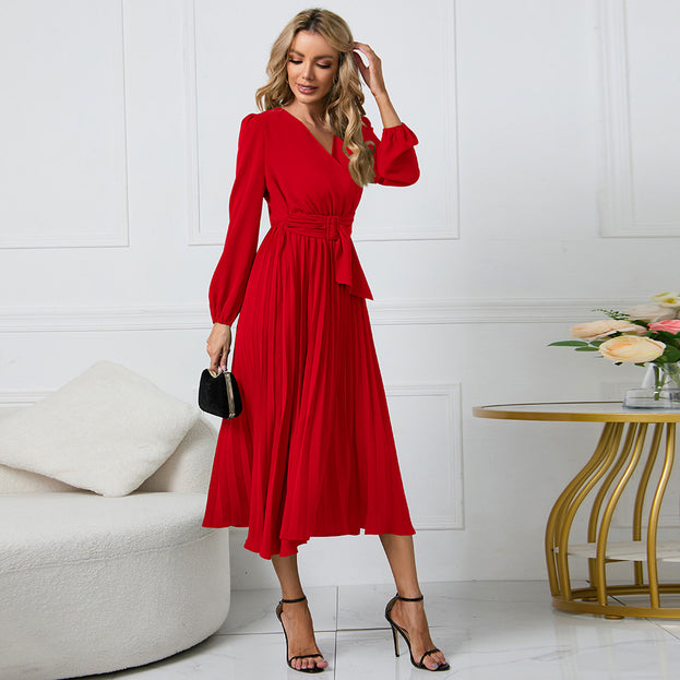 New Long-Sleeved Slim Pleated Belt V-Neck Dress