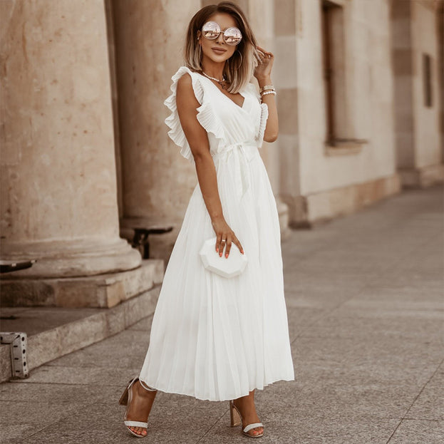 Fashion Slim Sexy Lotus Leaf Sleeve Chiffon Pleated Skirt Solid Color Dress