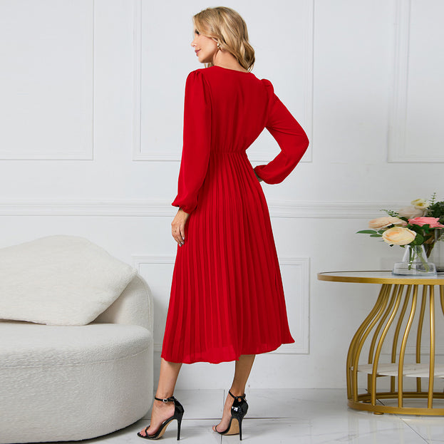 New Long-Sleeved Slim Pleated Belt V-Neck Dress