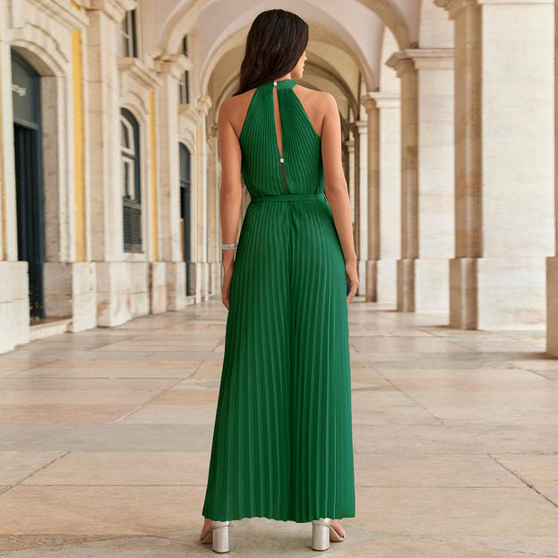 Sexy Hanging Neck Sleeveless Pleated One-Piece Pants