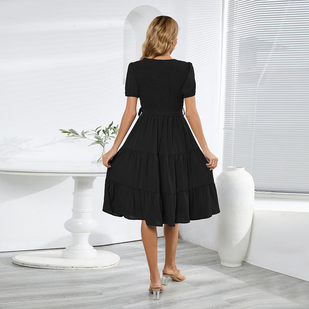 Summer Short Sleeved Slim Large Swing Splicing Cake Dress