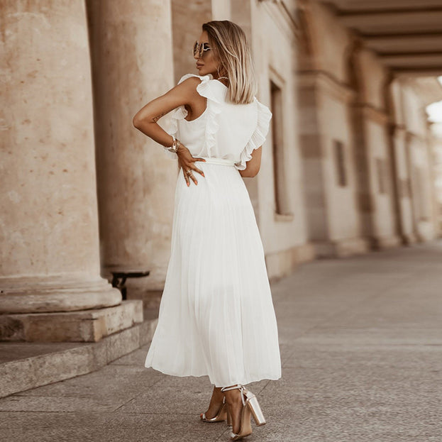 Fashion Slim Sexy Lotus Leaf Sleeve Chiffon Pleated Skirt Solid Color Dress