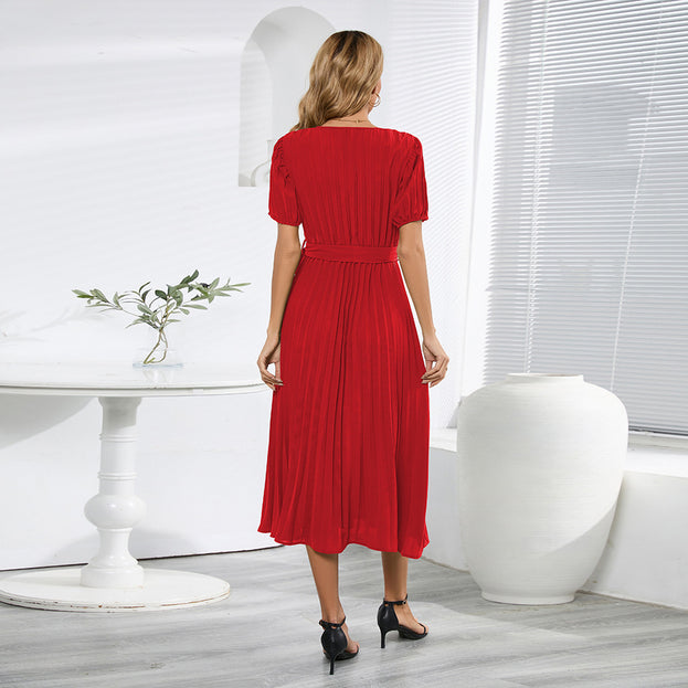 Summer's New V-Neck Pleated Skirt Slim Temperament Long Dress