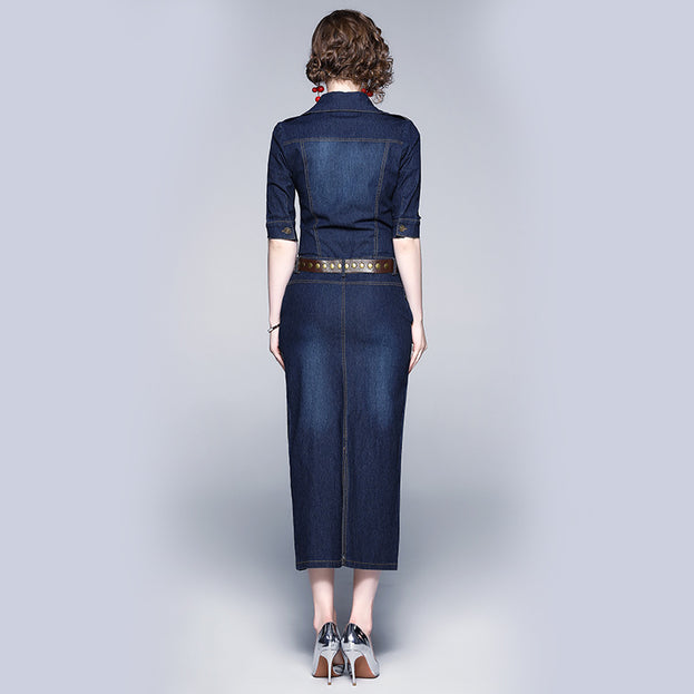 Mid-Sleeve Slim Show Belly Cover Buttock Bag Denim Dress