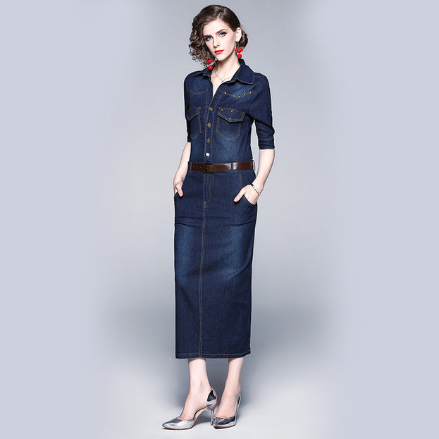 Mid-Sleeve Slim Show Belly Cover Buttock Bag Denim Dress