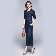 Mid-Sleeve Slim Show Belly Cover Buttock Bag Denim Dress