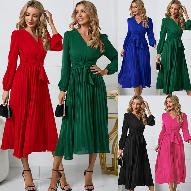 New Long-Sleeved Slim Pleated Belt V-Neck Dress