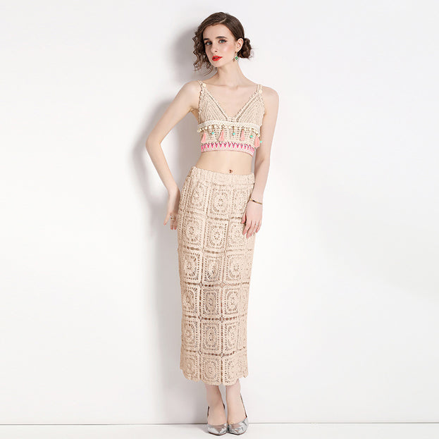 Embroidery Hollowed Out V-Neck Short Style Suspender Top + Bag Hip Half Skirt Two-Piece Suit