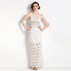 Summer Suspender short style hook flower vest + mid-length skirt two-piece suit