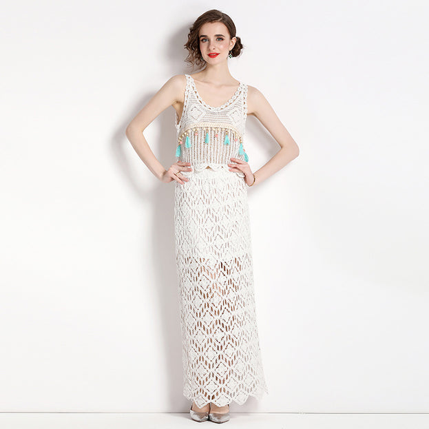 Summer Suspender short style hook flower vest + mid-length skirt two-piece suit