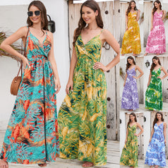 New Boho Print Maxi Skirt Sexy V-Neck Halter Dress