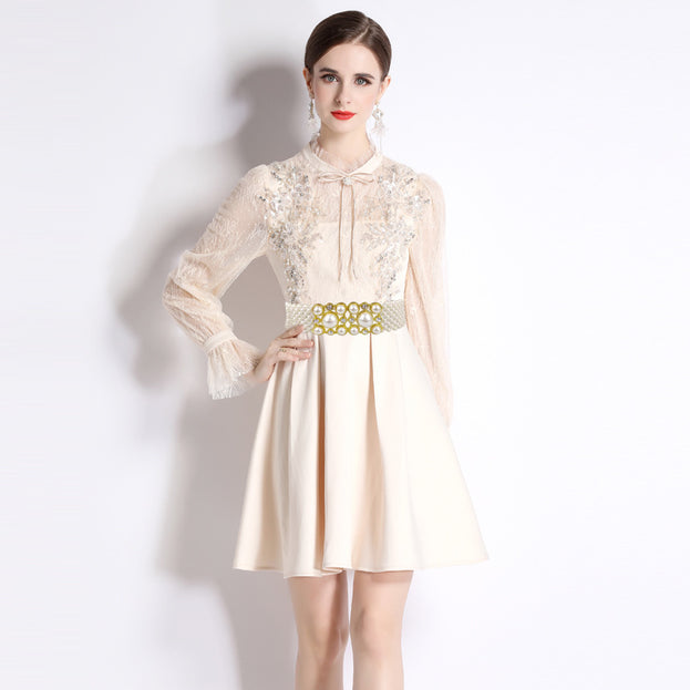 New Temperament Slimming Embroidery Heavy Industry Lace Long-Sleeved Beaded Dress