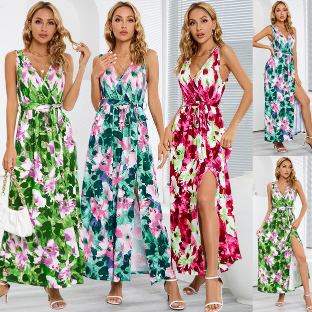 V-Neck Printed Long Boho Dress