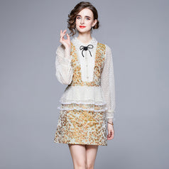 French Retro Palace Long-Sleeved Lace Top + A-Line Short Skirt Two-Piece Set