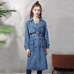 New Large Lapel Long Windbreaker Female Retro Loose Large Size Double-Breasted Denim Coat