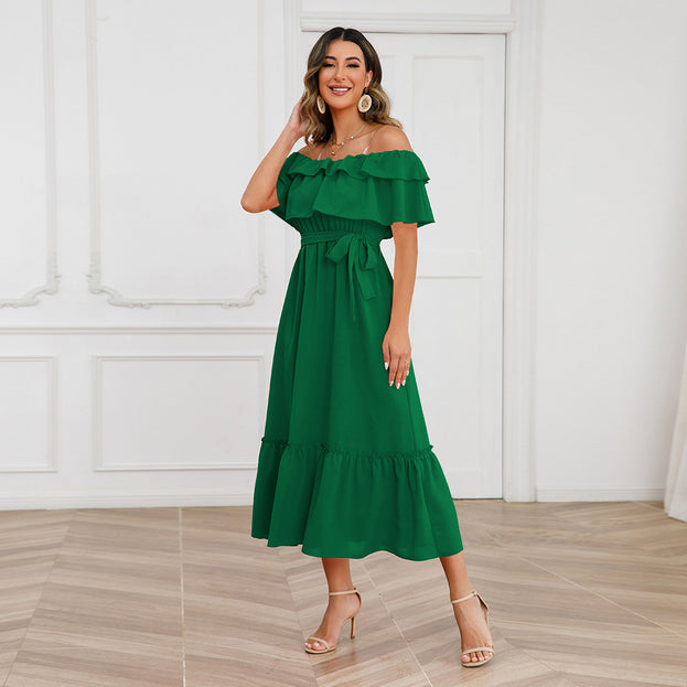 Solid sexy one line neck off shoulder mid length dress