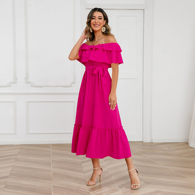 Solid sexy one line neck off shoulder mid length dress