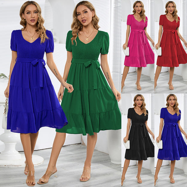 Summer Short Sleeved Slim Large Swing Splicing Cake Dress