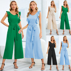New Lotus Lace Sleeveless Lace-Up Jumpsuit Medium Length Straight Leg Pants