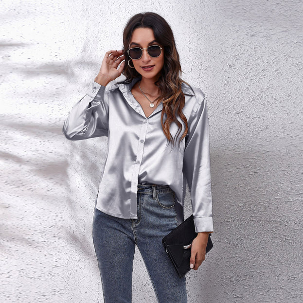 Satin Women's Satin Imitation Silk Long-Sleeved Shirt