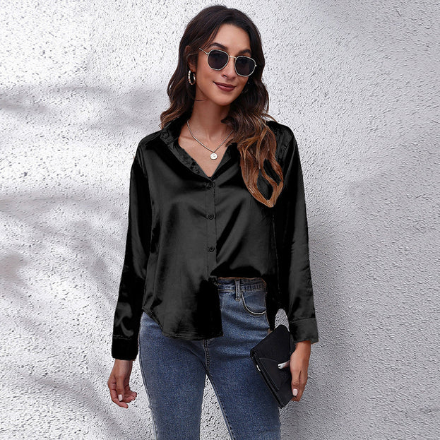 Satin Women's Satin Imitation Silk Long-Sleeved Shirt