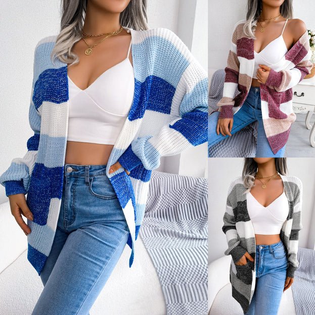 Contrasting Color Striped Lantern Sleeve Casual Cardigan Sweater Coat