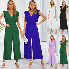 New Sexy Slim Temperament Jumpsuit High Waist Sleeveless Lotus Leaf V-Neck Pleated Wide Leg Culottes