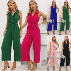 New Sleeveless V-Neck Pleated Pleated Jumpsuit with Lotus Leaf Lace