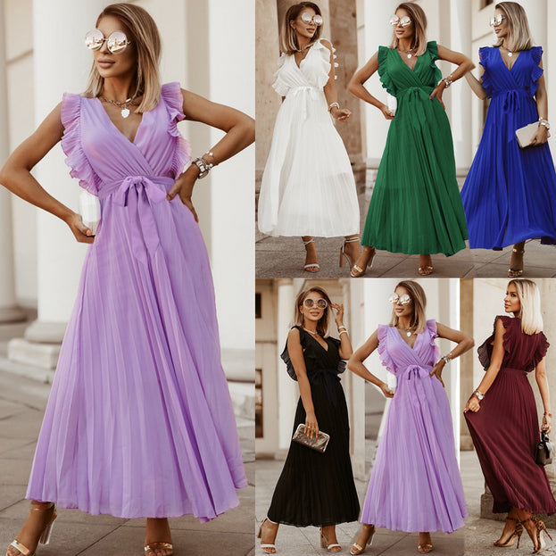 Fashion Slim Sexy Lotus Leaf Sleeve Chiffon Pleated Skirt Solid Color Dress