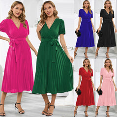 Summer's New V-Neck Pleated Skirt Slim Temperament Long Dress