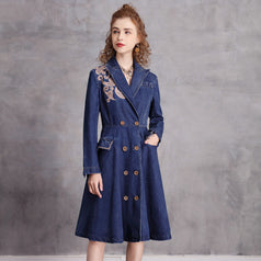 Vintage Embroidered Suit Collar Mid-Length Trench Coat